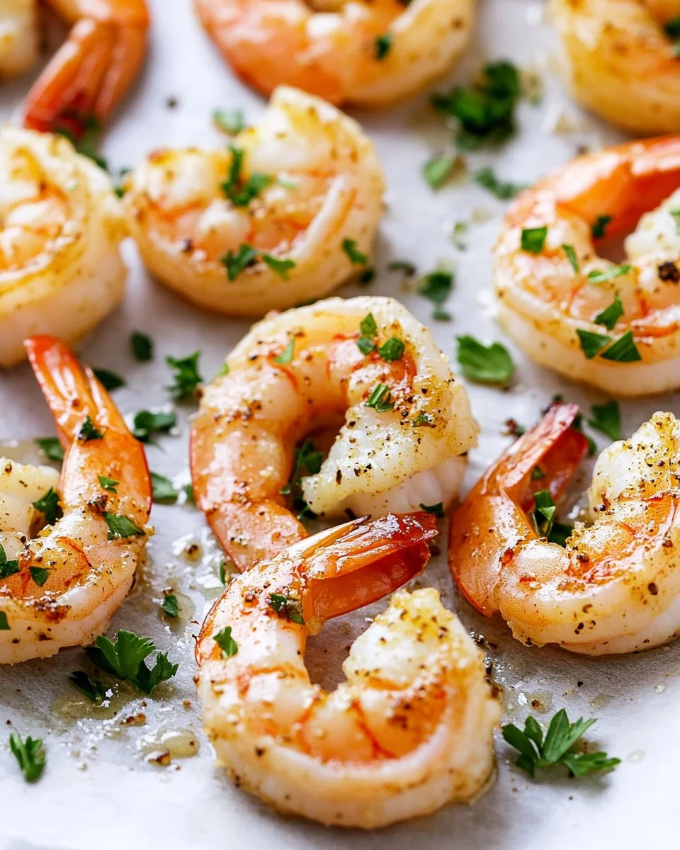 Baked garlic shrimp dish with fresh ingredients and herbs.
