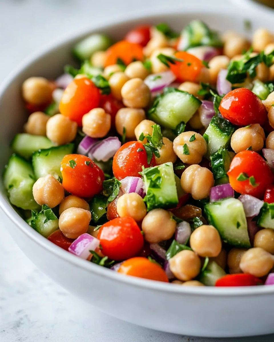 Colorful chickpea salad with fresh vegetables and dressing