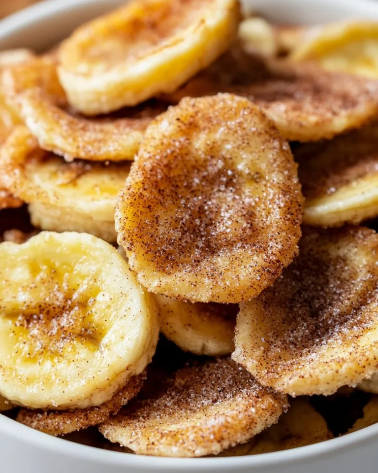 Crunchy cinnamon-sugar air fryer banana chips in a bowl
