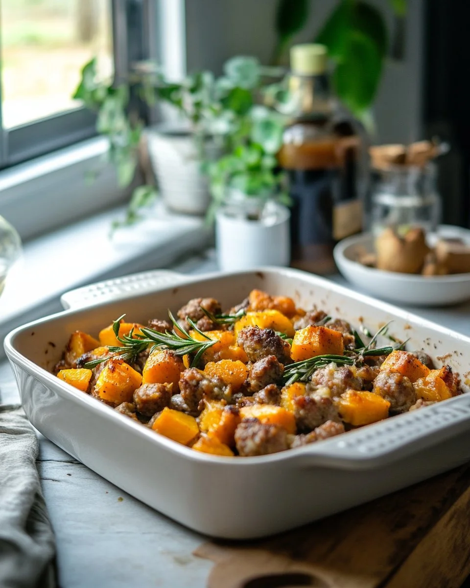 Cozy butternut squash and sausage casserole in a baking dish