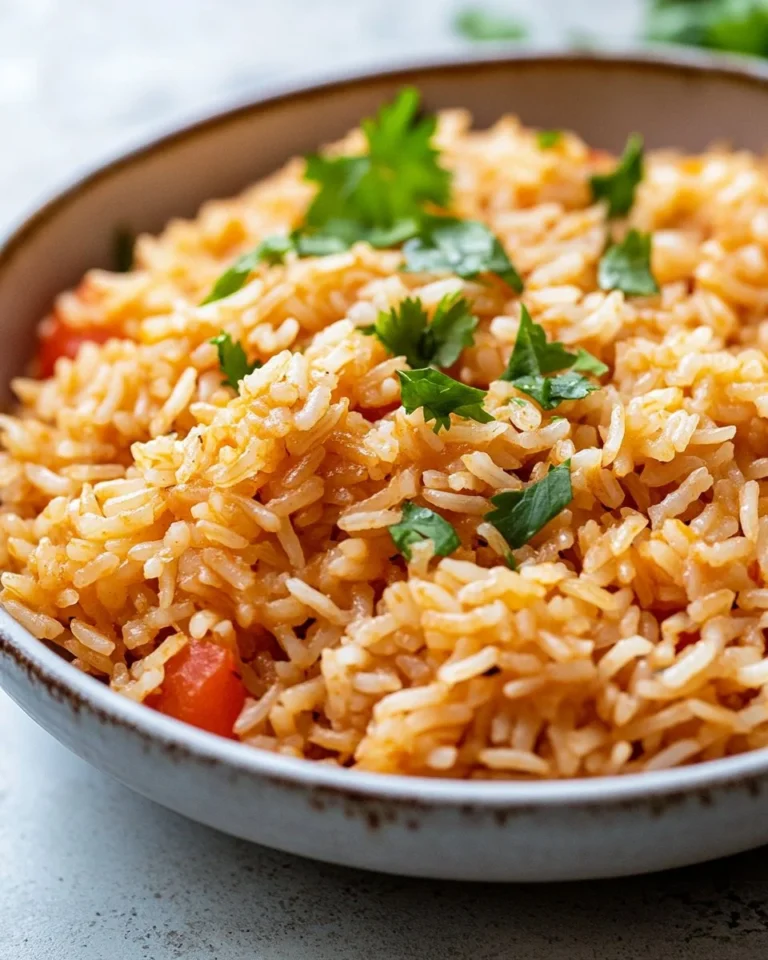 Bowl of easy Mexican rice garnished with herbs and spices.