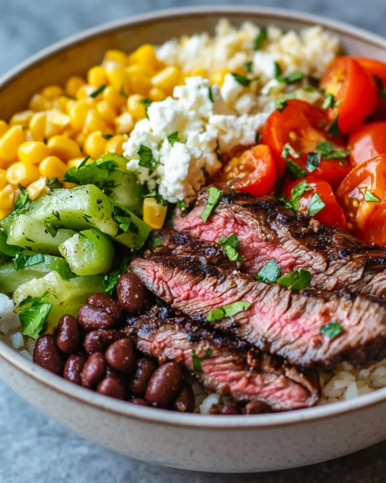 Flank steak bowl with fresh vegetables and savory sauces