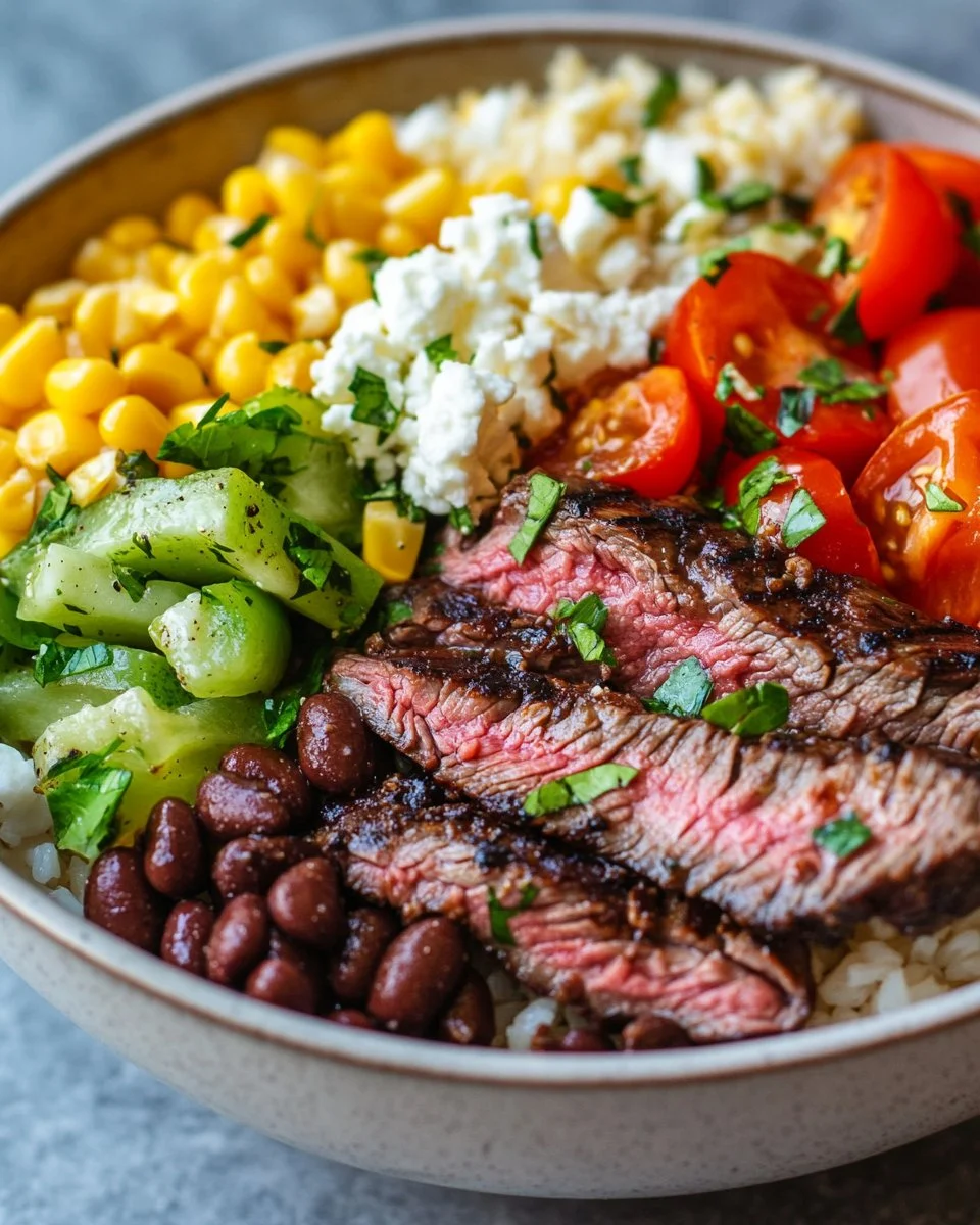 Flank steak bowl with fresh vegetables and savory sauces