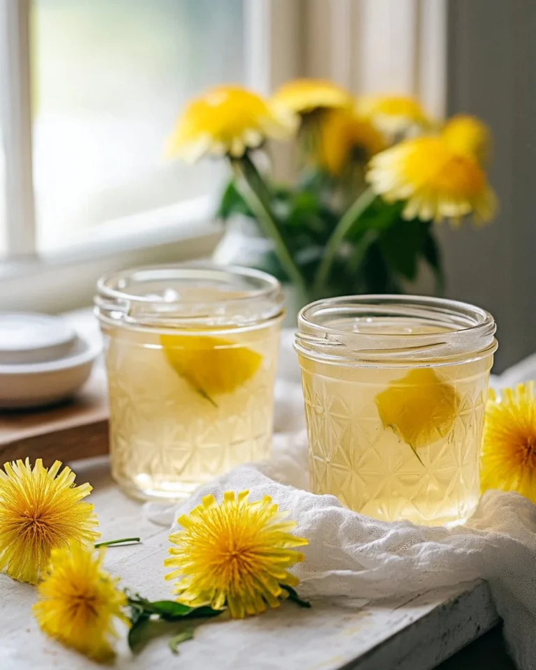 Homemade dandelion jelly in a jar with dandelion flowers around it.
