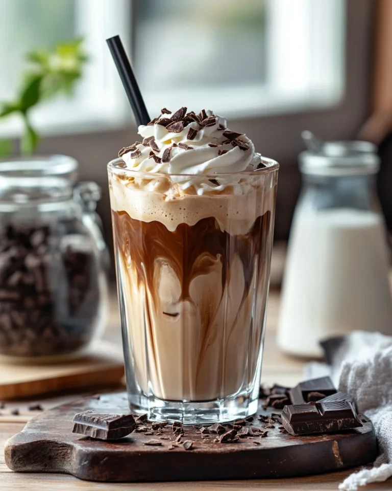 Delicious Iced Mocha Coffee topped with whipped cream and cocoa powder.