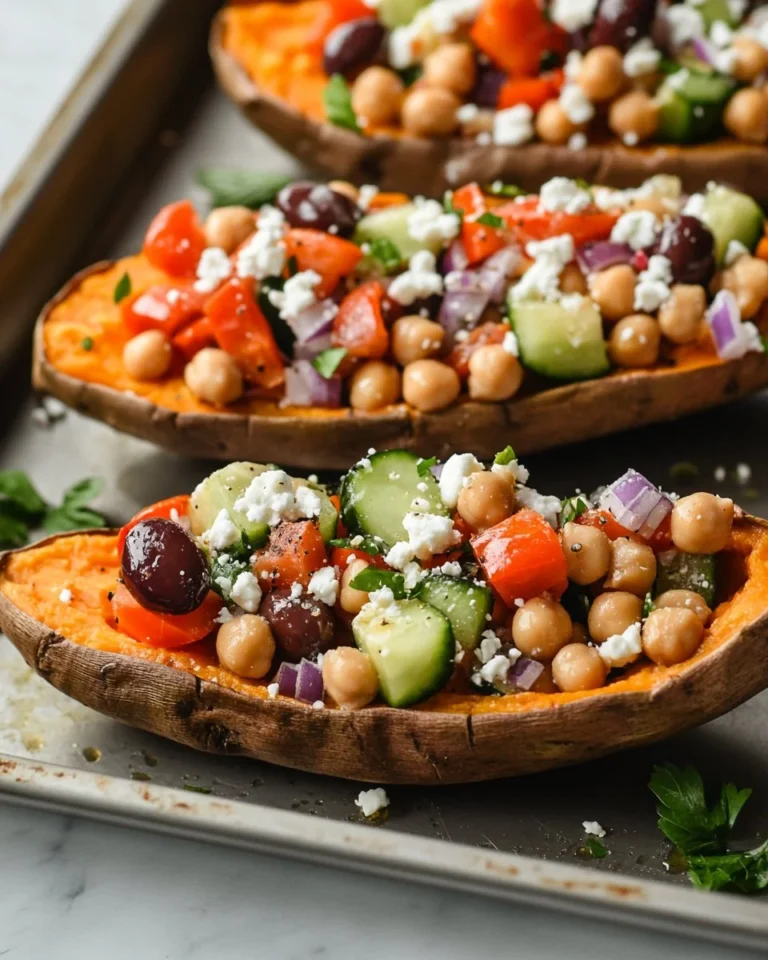 Mediterranean stuffed sweet potatoes topped with fresh herbs and vegetables