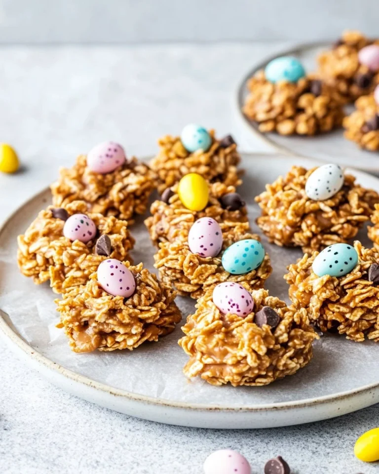 No-Bake Easter Egg Peanut Butter Haystacks on a festive platter