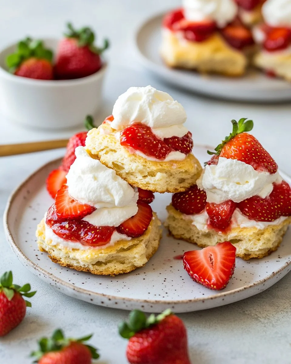 Delicious homemade strawberry shortcake topped with fresh strawberries and cream